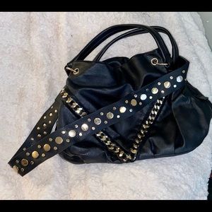 Large black faux leather purse with gold hardware